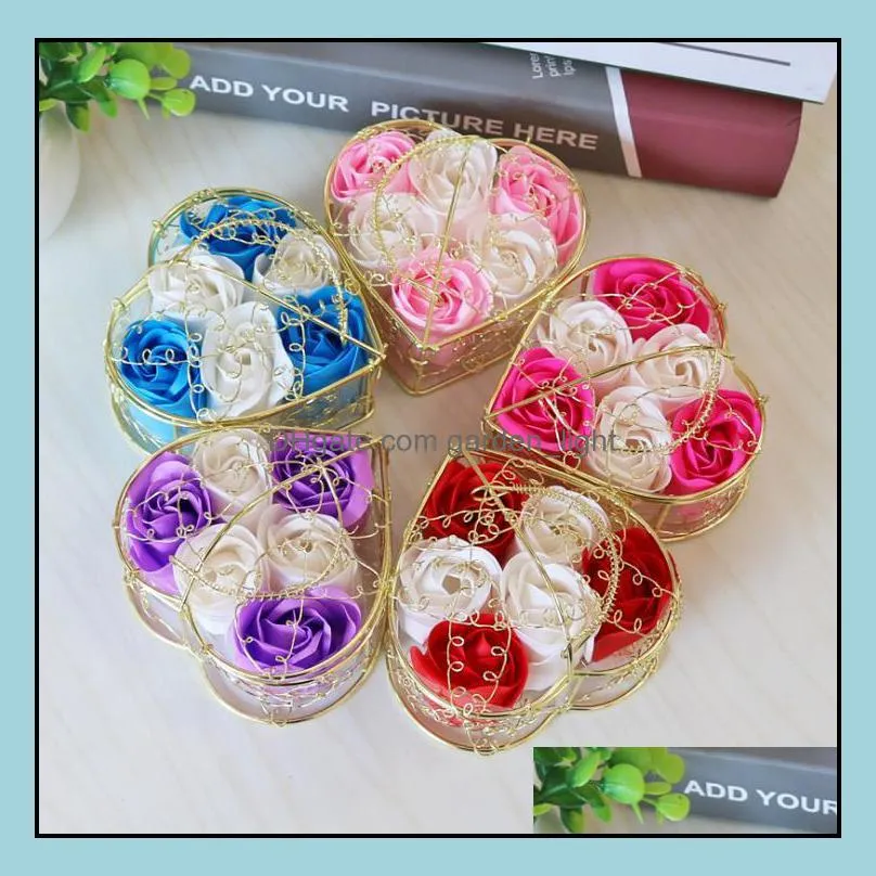 handmade scented rose soap flower romantic bath body soap rose with gilded basket for valentine wedding christmas gift 6pcs box sn3616