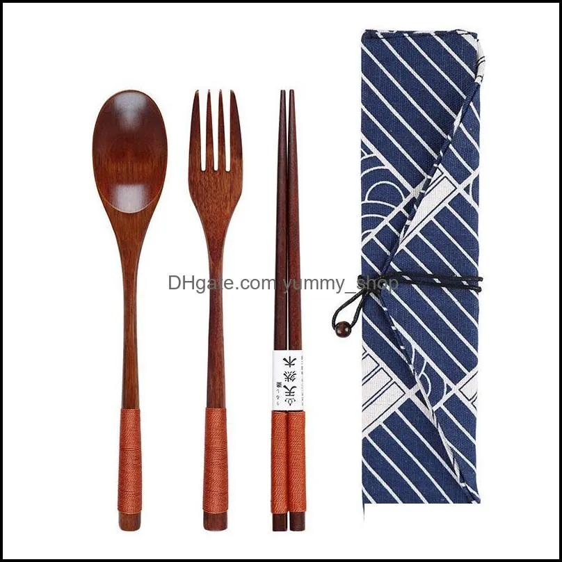 environmental wooden fork spoon threepiece suit japanese korea style travel portable tableware nice dinnerware bag packing ysy423l