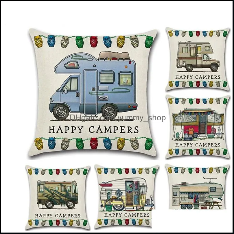 happy campers pillow case 45x45cm touring car pillowcase throw linen cushion cover home cafe office decor gift wy1437