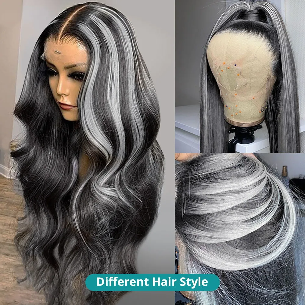 30 34 Inch Highlight Grey Color Body Wave Lace Front Wigs For Women Brazilian Pre Plucked Lace Frontal Wig Synthetic 180%