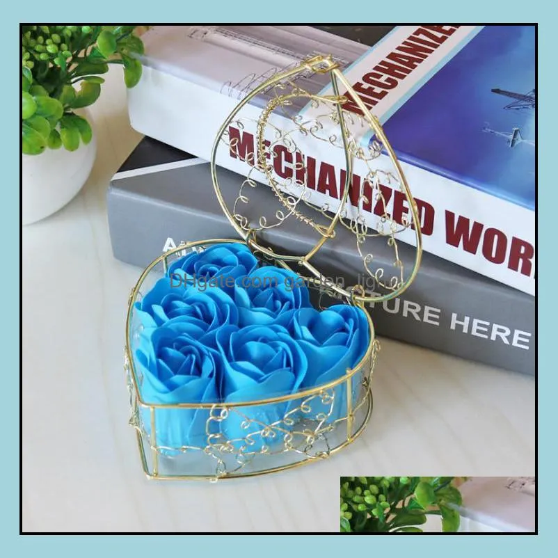 handmade scented rose soap flower romantic bath body soap rose with gilded basket for valentine wedding christmas gift 6pcs box sn3616