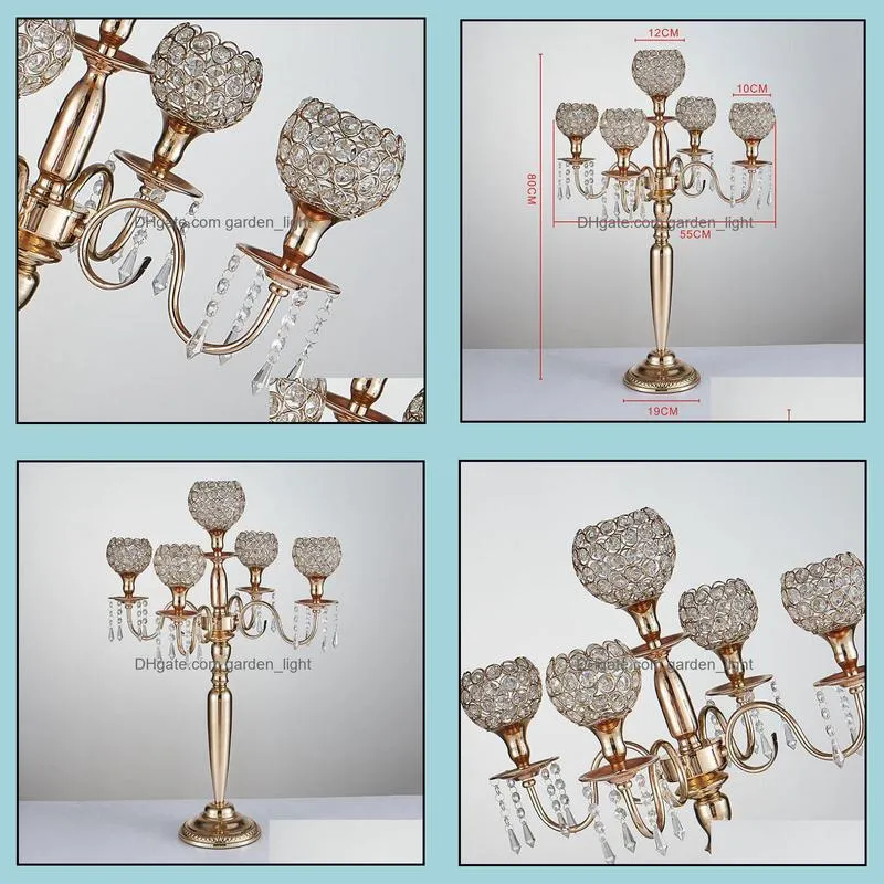 wholesale 80cm height 5arms metal gold/ silver candelabras with crystal pendants wedding candle holder event centerpiece sn2064