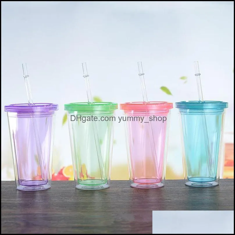 16oz clear colored acrylic tumbler plastic cup with lid straw double wall water bottle bpa beverage drinking straw cups wll1263