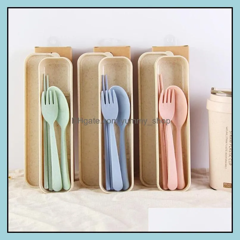 portable plastic tableware spoon fork chopsticks set design ecofriendly 4 colors reusable wheat straw cutlery zwl254