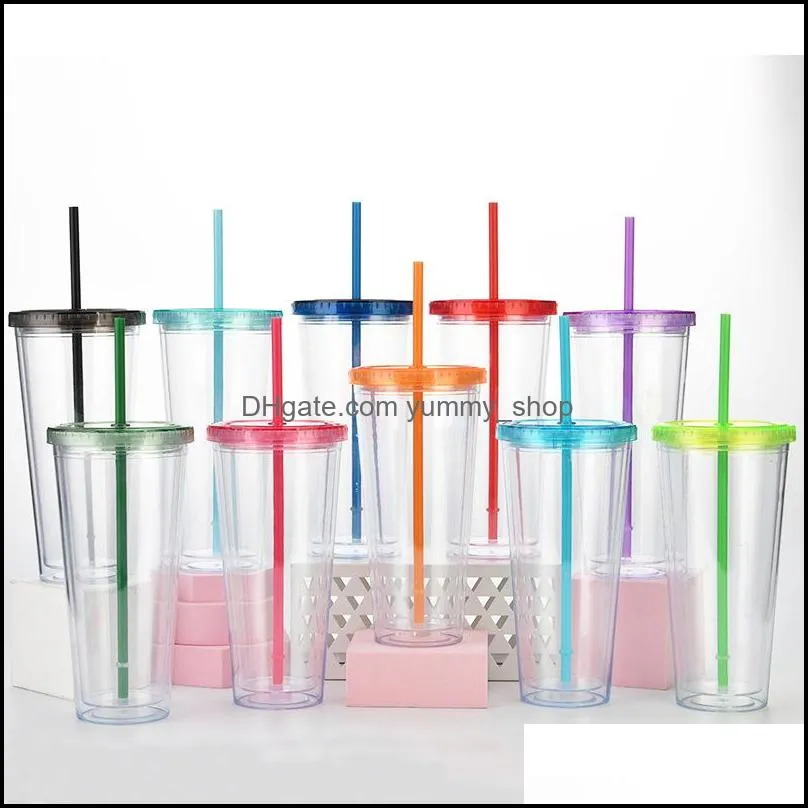 24 oz clear plastic tumblers cup double wall plastics cold drink tumbler with straw and lid wll886