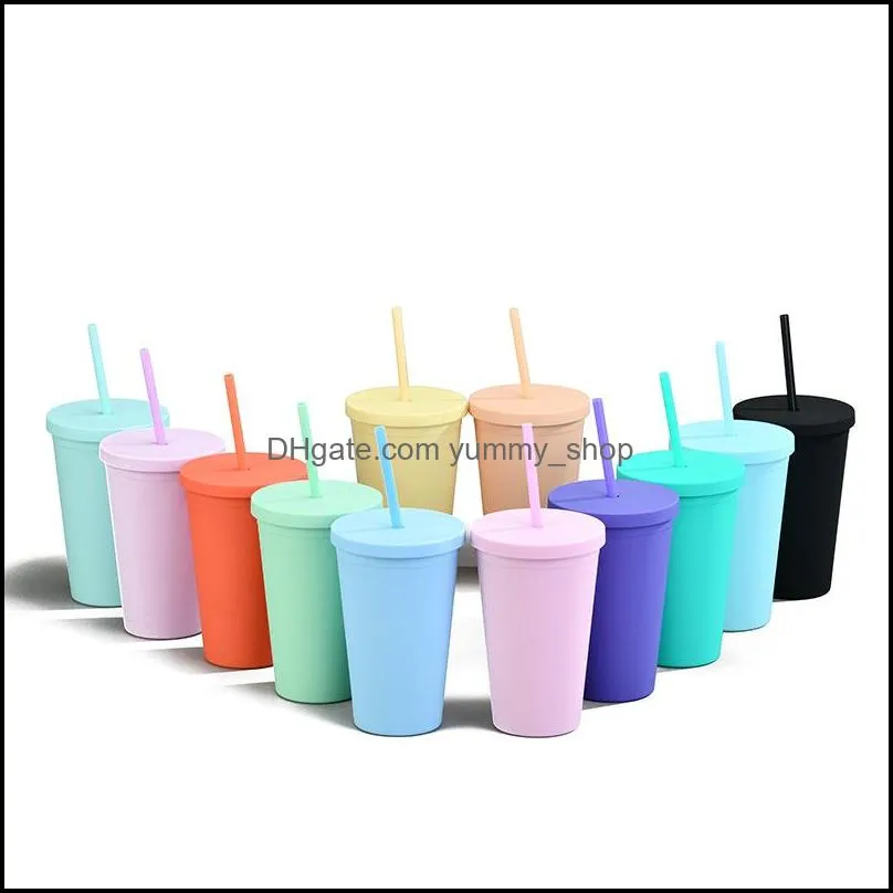 16oz double layer tumblers cups fashion adults and kids straight coffee candy colors frosted water cup with plastic straw zwl649