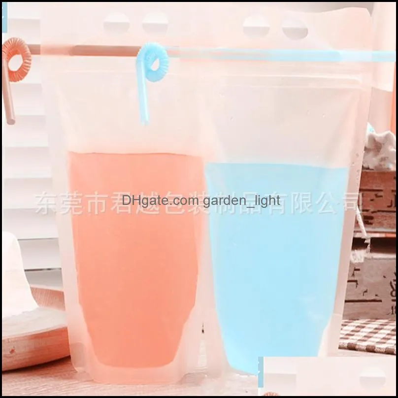 100pcs clear drink pouches bags frosted zipper standup plastic drinking bag with straw with holder reclosable heatproof 17oz 630 s2