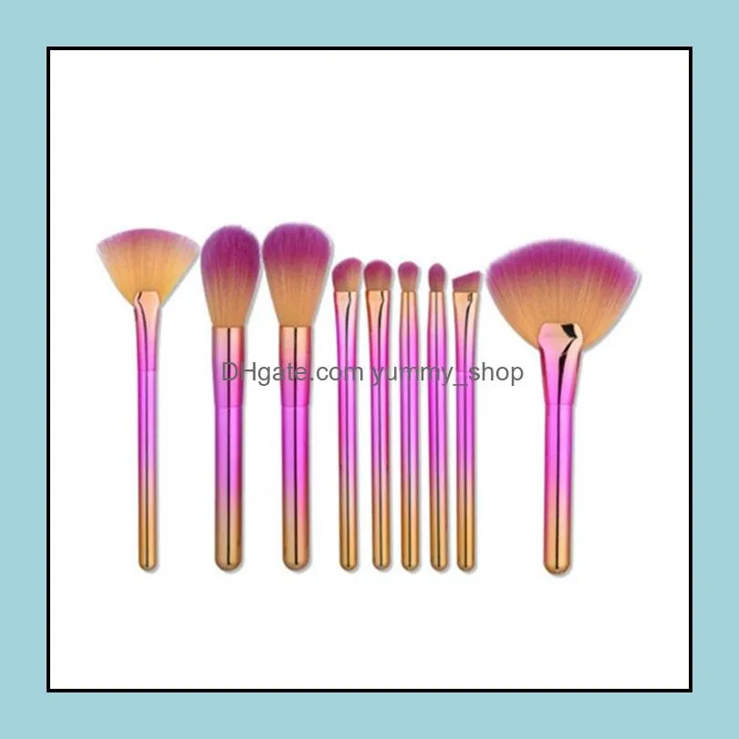 9pcs sundries fan foundation rainbow eyeshadow powder eyebrow eyeliner make up brushes set professional makeup brush tools kit zwl310