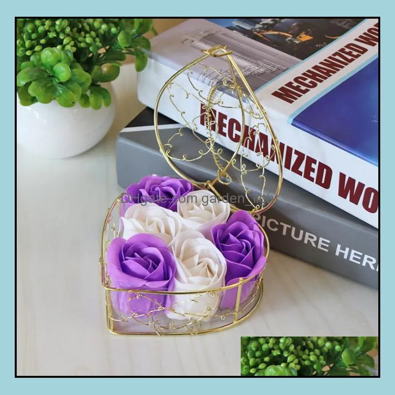 handmade scented rose soap flower romantic bath body soap rose with gilded basket for valentine wedding christmas gift 6pcs box sn3616