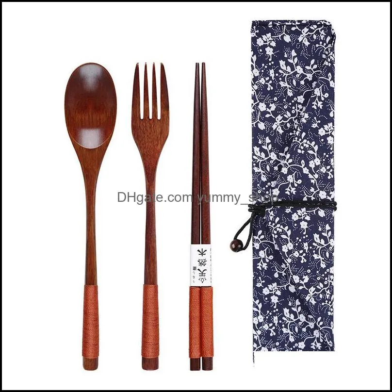 environmental wooden fork spoon threepiece suit japanese korea style travel portable tableware nice dinnerware bag packing ysy423l