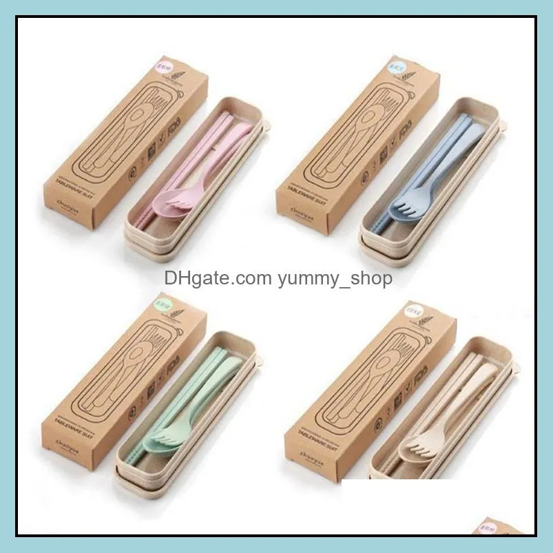 portable plastic tableware spoon fork chopsticks set design ecofriendly 4 colors reusable wheat straw cutlery zwl254