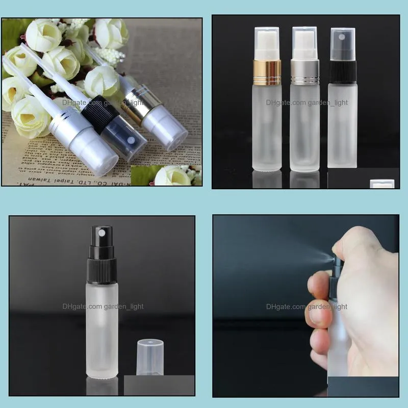 high end quality 10ml frosted glass perfume sample vials with 3 colors atomizer 10 ml empty spray bottle gold black silver lids sn2822