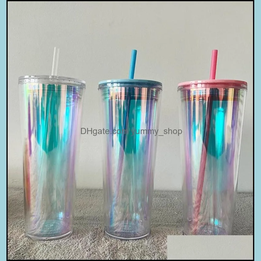 710ml 24oz clear plastic double wall tumbler cup with straw with black green lid coffee mugs wll1327