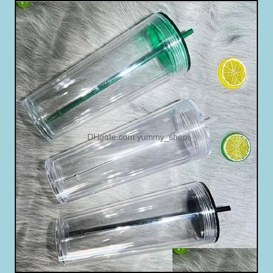 710ml 24oz clear plastic double wall tumbler cup with straw with black green lid coffee mugs wll1327