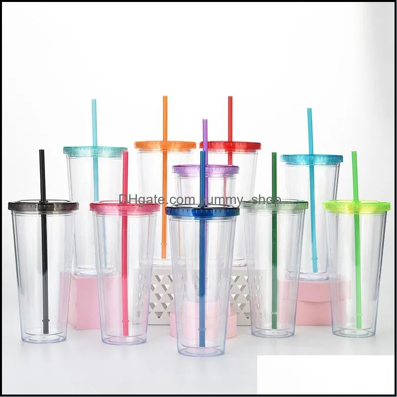 24 oz clear plastic tumblers cup double wall plastics cold drink tumbler with straw and lid wll886