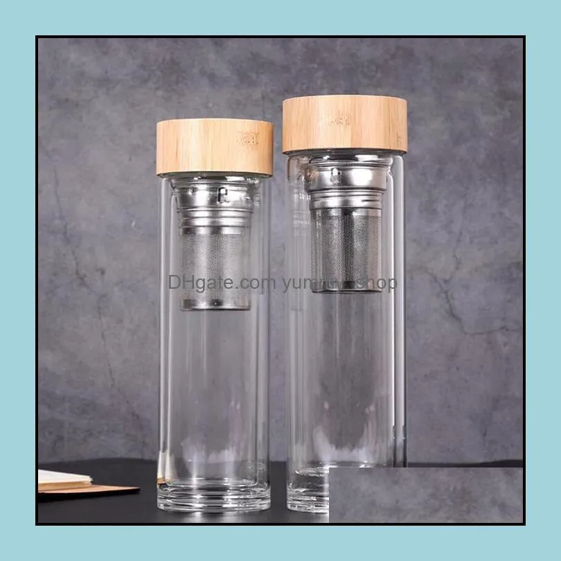 glass bottle bamboo lid with tea funnel water bottle double walled glass business cups fashion tumblers wy310