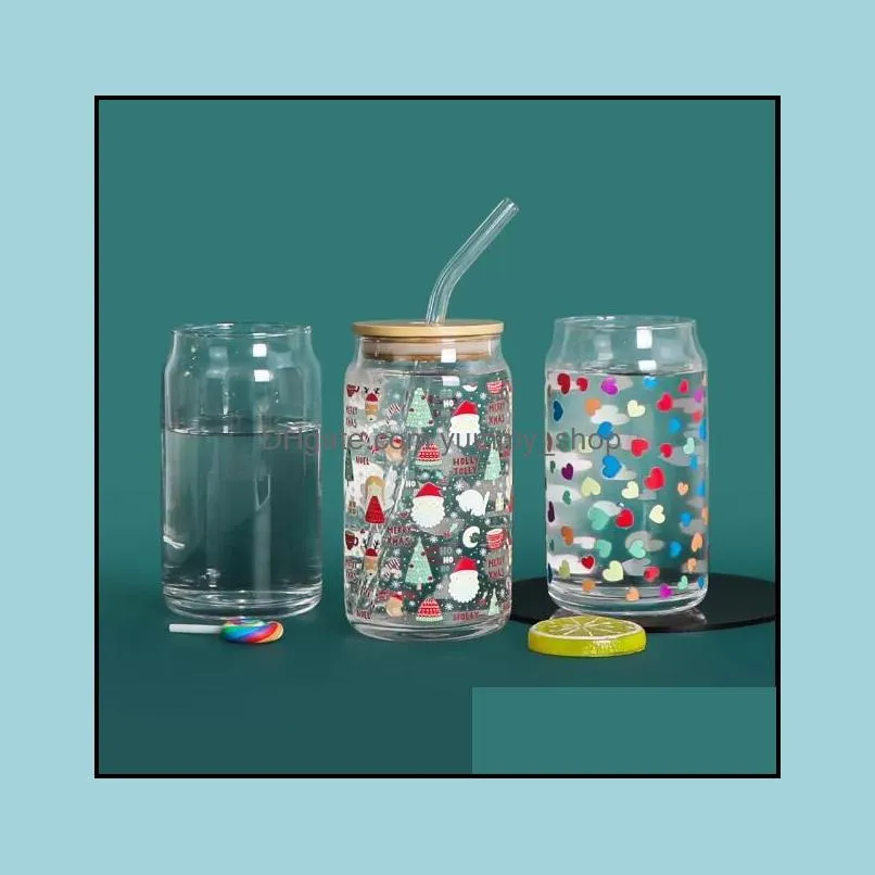 sublimation 16oz glass tumblers glasses can with bamboo lid reusable straw beer mugs transparent frosted soda can cup drinking cups