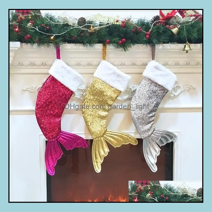 sequin mermaid tail christmas stockings gift wrap kids candy bag christmas tree ornament home party decor large size xmas gifts bag