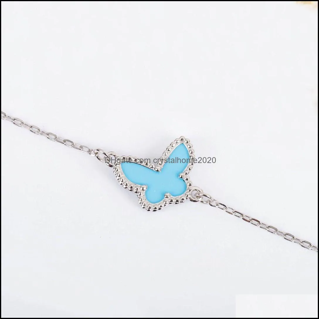 s925 silver charm pendant bracelet with blue butterfly shape in two colors plated and rhombus clasp for women wedding jewelry gift have box stamp