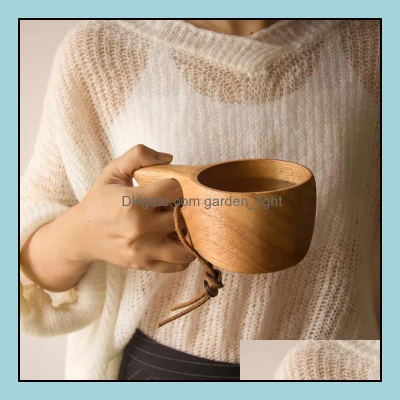 nordic style 4 kinds rubber wood tea cups mug with handles kuksa wooden coffee mugs with rope two holes handmade portable drinking water bottles