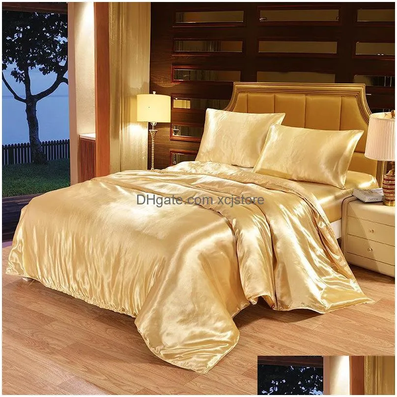 bedding set 4 pieces luxury satin silk queen king size bed set comforter quilt duvet cover flat and fitted bed sheet bedcloth lj201127