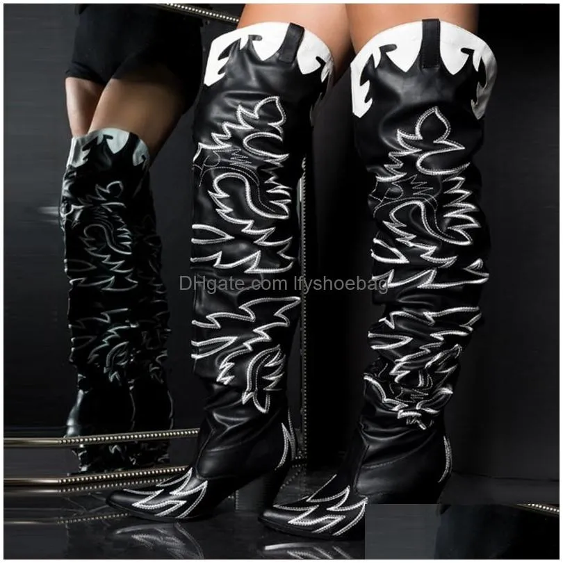 perixir women western over the knee high boots embroider pointed toe cowgirl long booties sexy hoof heel women winter shoes 201126