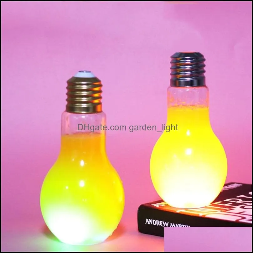 led light bulb water bottle plastic milk juice water bottle disposable leakproof drink cup with lid creative drinkware