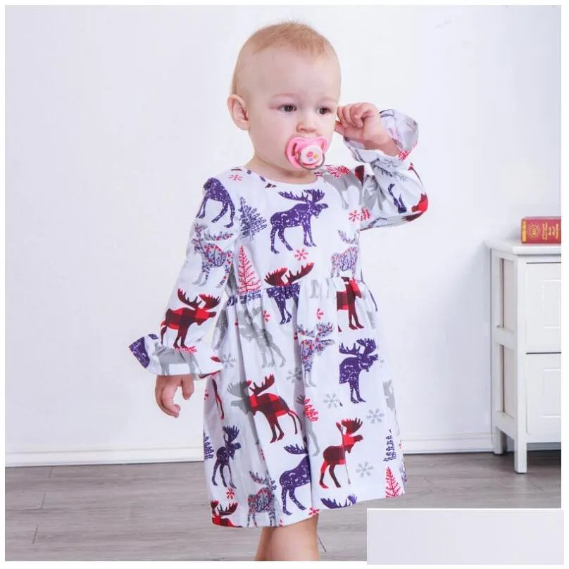 girl milu deer printed long mandarin sleeve dress baby christmas spring and autumn round neck dresses skirts kids cartoon clothes zht