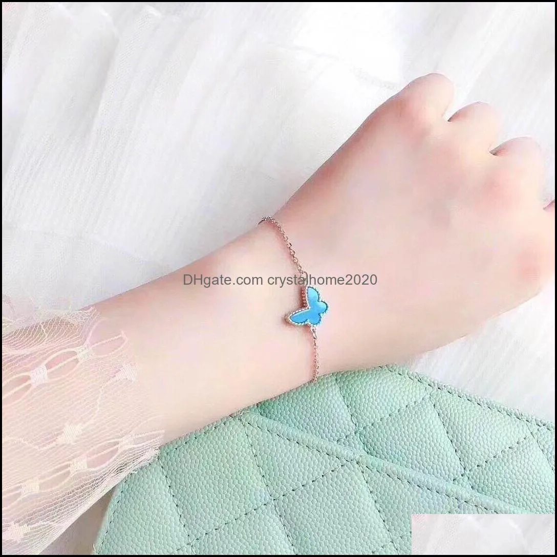 s925 silver charm pendant bracelet with blue butterfly shape in two colors plated and rhombus clasp for women wedding jewelry gift have box stamp