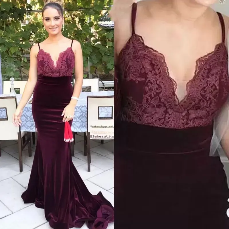 2023 Plus Size Velvet Mermaid Bridesmaid Dresses Burgundy Spaghetti Straps Lace Appliques Backless Party Wedding Guest Gowns Maid Of Honor Dress