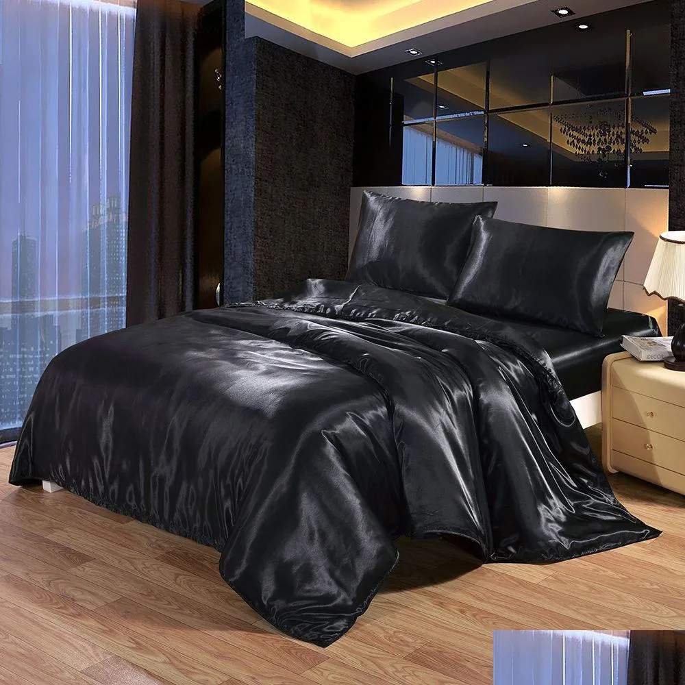 bedding set 4 pieces luxury satin silk queen king size bed set comforter quilt duvet cover flat and fitted bed sheet bedcloth lj201127