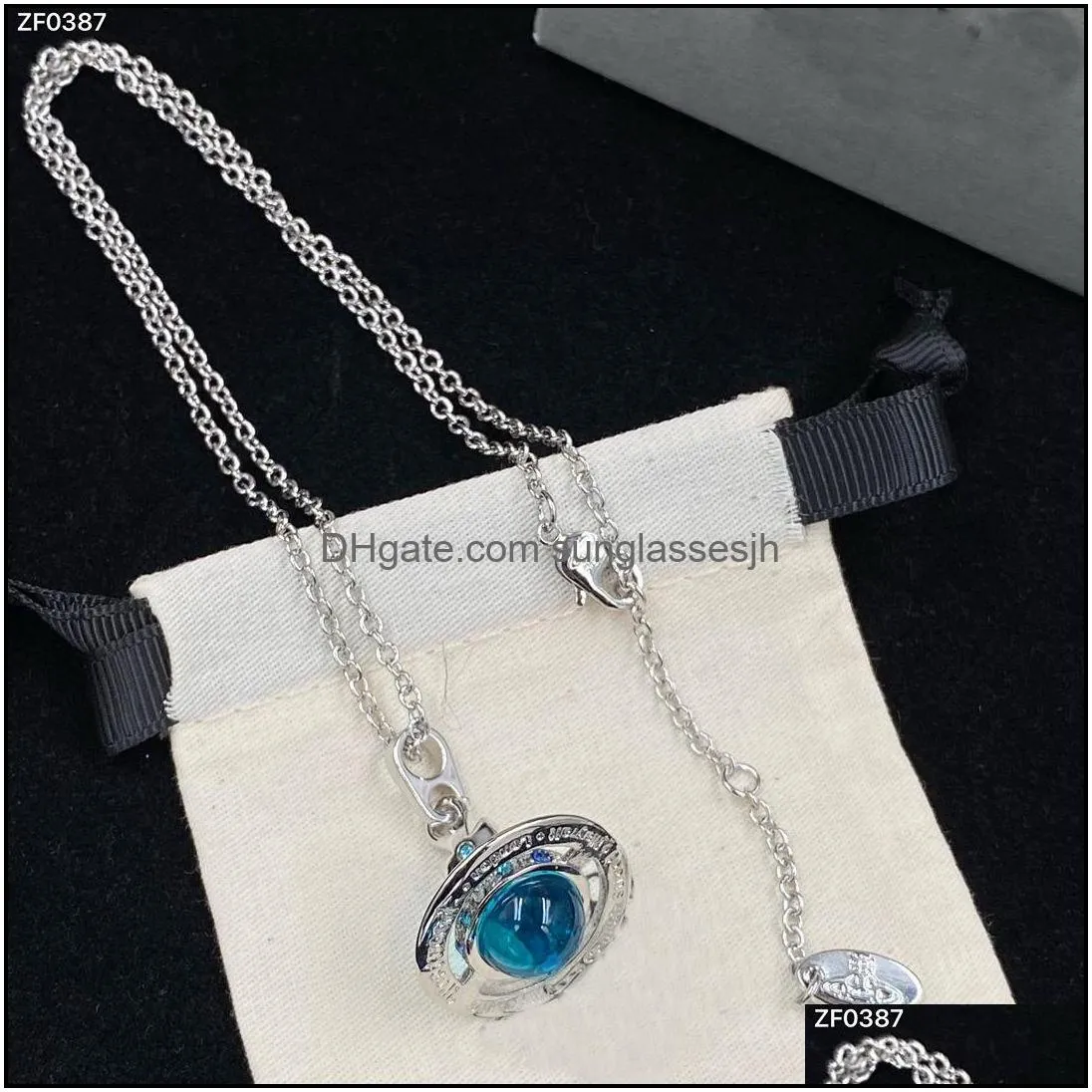 luxurious ladies necklaces bangle ear studs necklace bracelets earring with blue crystal planet pendant western queen designer jewelry