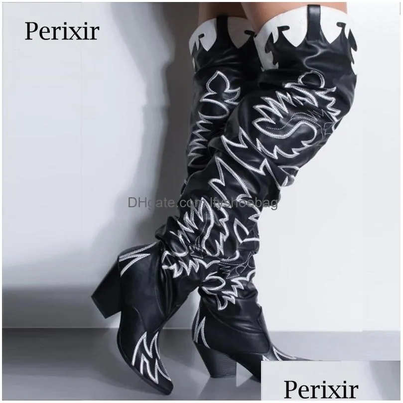 perixir women western over the knee high boots embroider pointed toe cowgirl long booties sexy hoof heel women winter shoes 201126