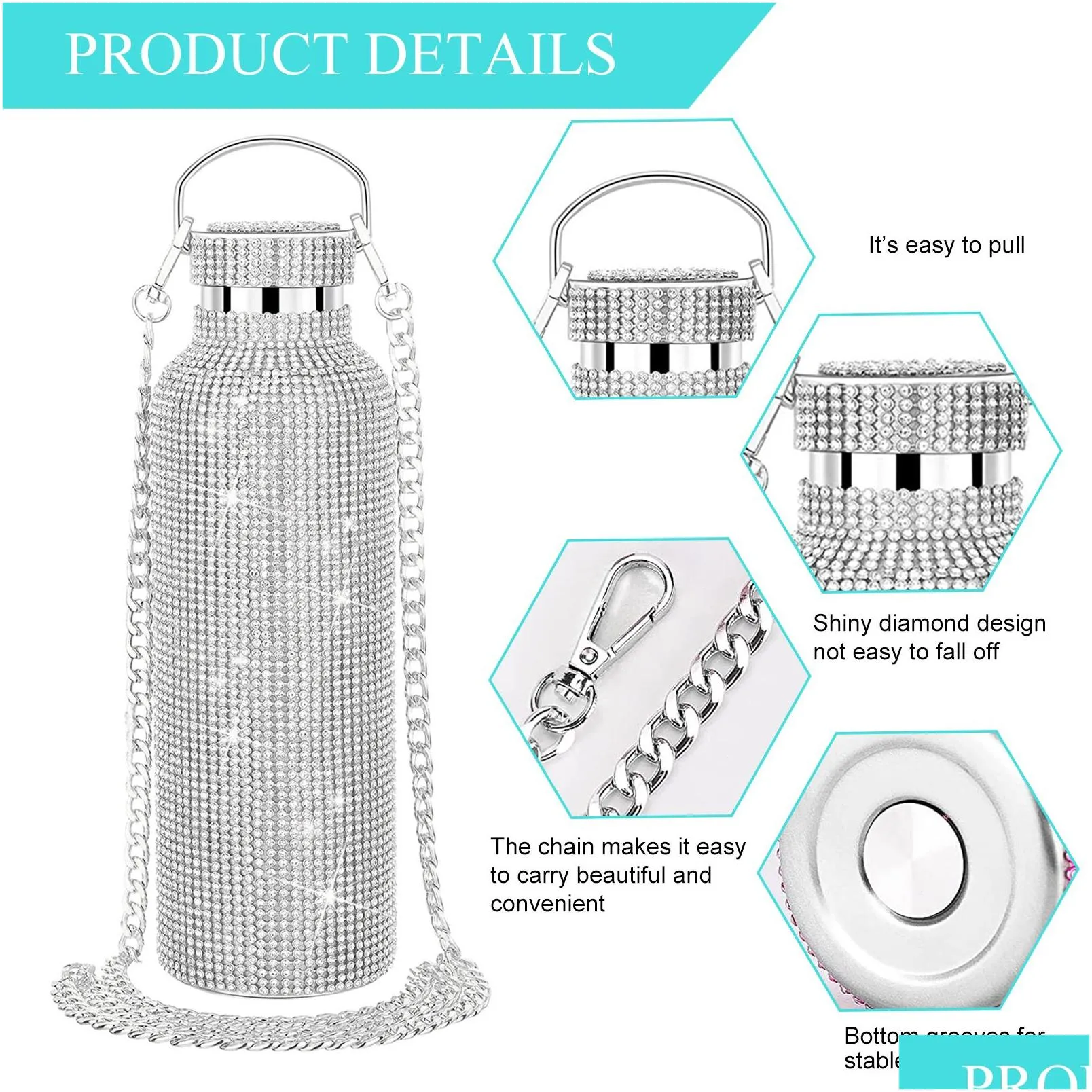 water bottles bling diamond thermos portable glitter bottle crossbody stainless steel thermal flask 350ml 500ml 750ml 221018