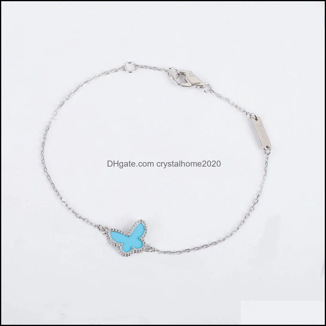 s925 silver charm pendant bracelet with blue butterfly shape in two colors plated and rhombus clasp for women wedding jewelry gift have box stamp