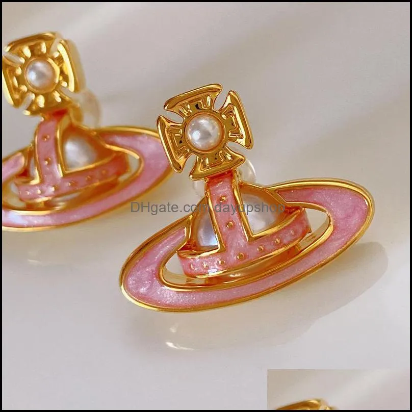  pink planet retro inlaid pearl saturn enamel glaze womens stud earrings high quality fashion ladies earrings designer jewelry