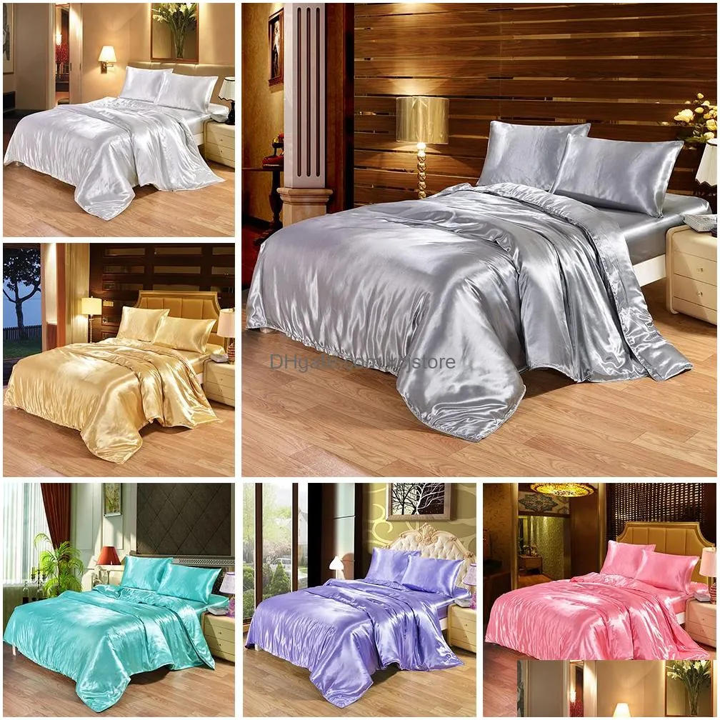 bedding set 4 pieces luxury satin silk queen king size bed set comforter quilt duvet cover flat and fitted bed sheet bedcloth lj201127