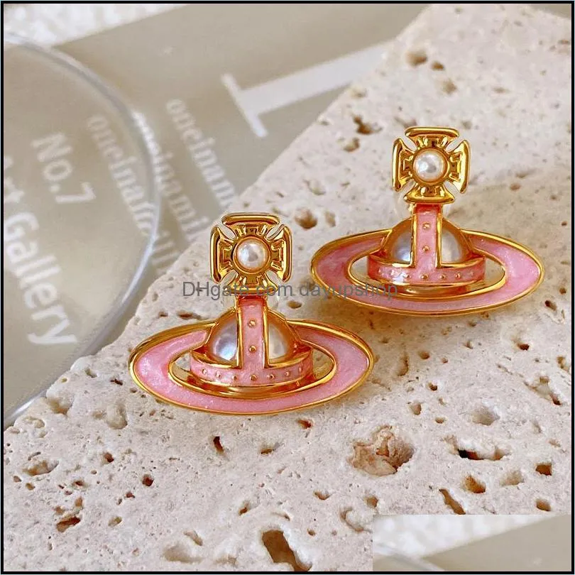  pink planet retro inlaid pearl saturn enamel glaze womens stud earrings high quality fashion ladies earrings designer jewelry