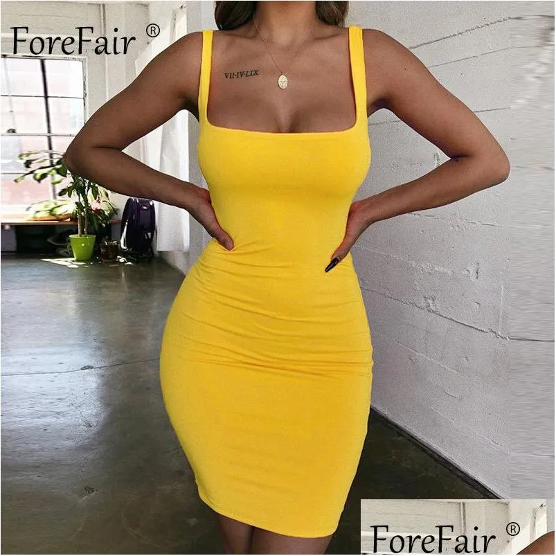 forefair spaghetti strap sexy bodycon dress summer yellow neon green black orange elegant sleeveless mini short dress women mx190725