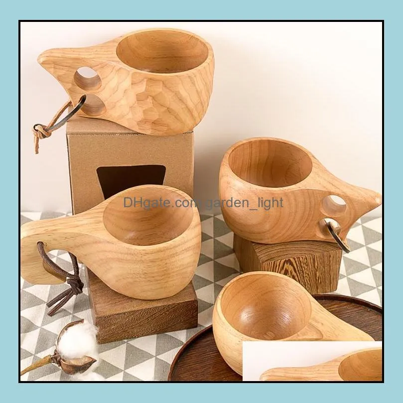 nordic style 4 kinds rubber wood tea cups mug with handles kuksa wooden coffee mugs with rope two holes handmade portable drinking water bottles