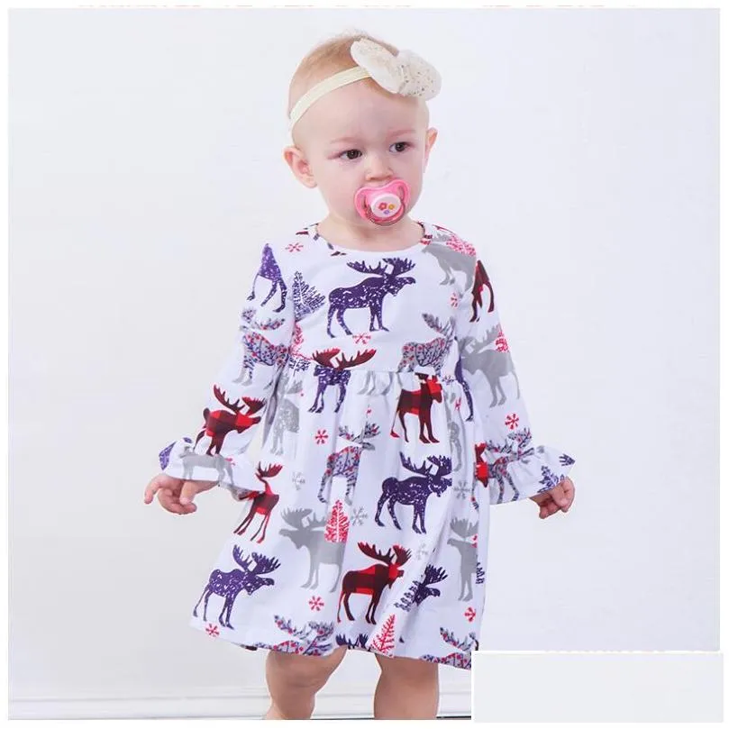 girl milu deer printed long mandarin sleeve dress baby christmas spring and autumn round neck dresses skirts kids cartoon clothes zht