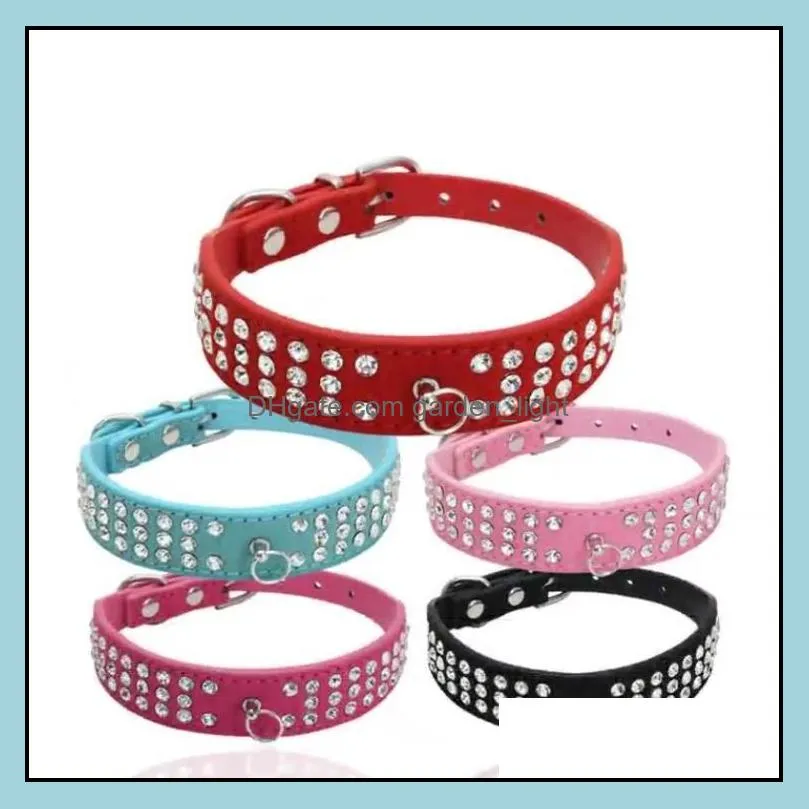 personalized length suede skin jeweled rhinestones pet dog collars three rows sparkly crystal diamonds studded puppy dog collar sn4630