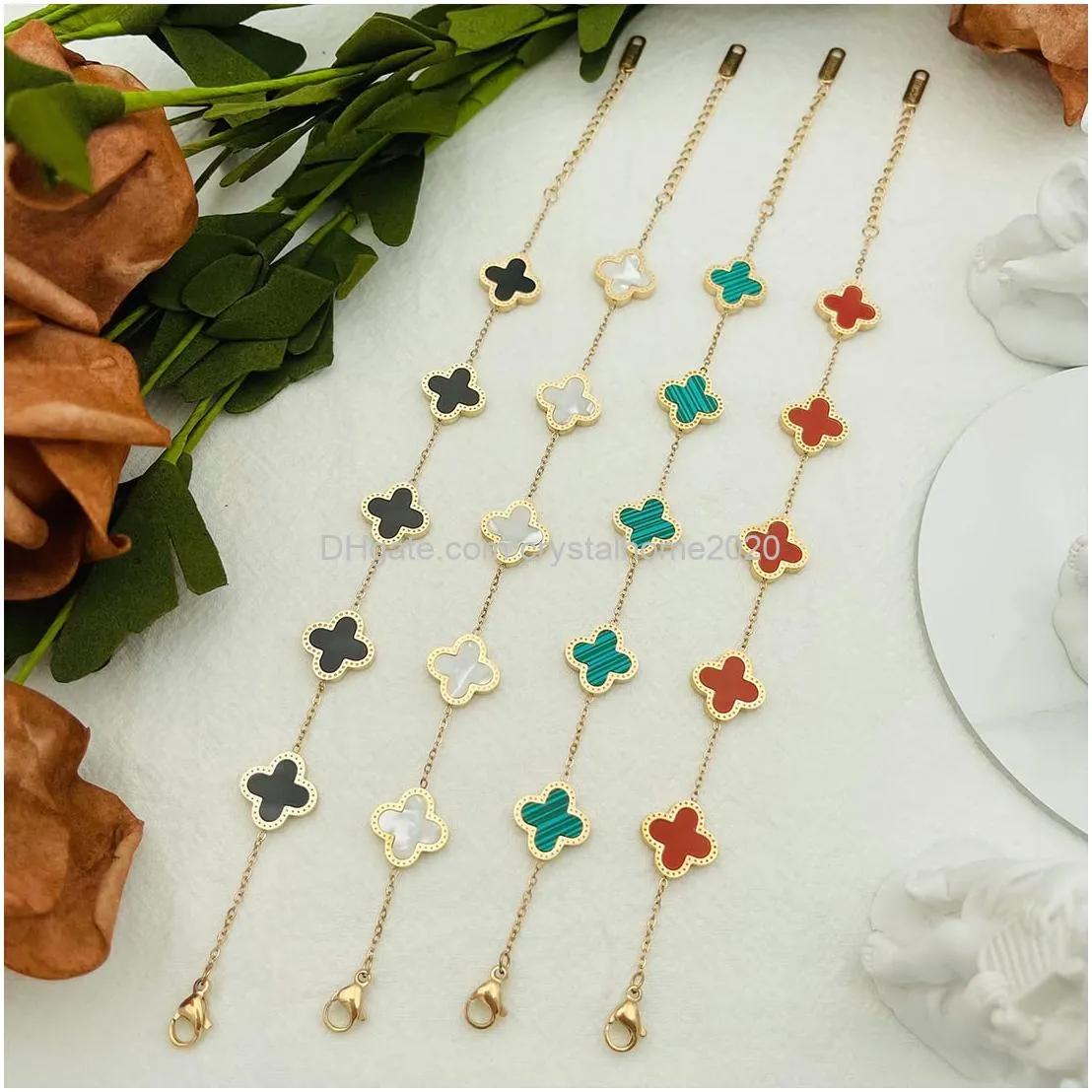 18k plated gold bracelets fashion for women adjustable charm link cute lucky clover bracelets womens girls gift jewelry