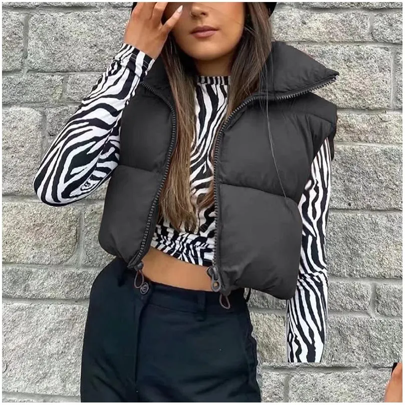 womens vests puffy women zip up stand collar sleeveless lightweight padded cropped puffer quilted winter warm coat jacket 221018