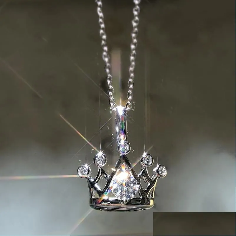 classic 925 silver crown pendant necklaces shiny moissanite female fashion wedding engagement jewelry women necklace