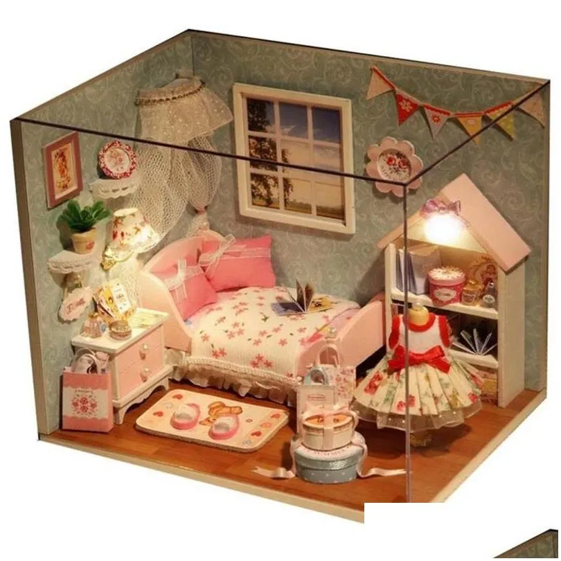 diy miniature doll house kitchen model room box wooden dollhouse toys with dust cover led christmas and birthday gift 201217