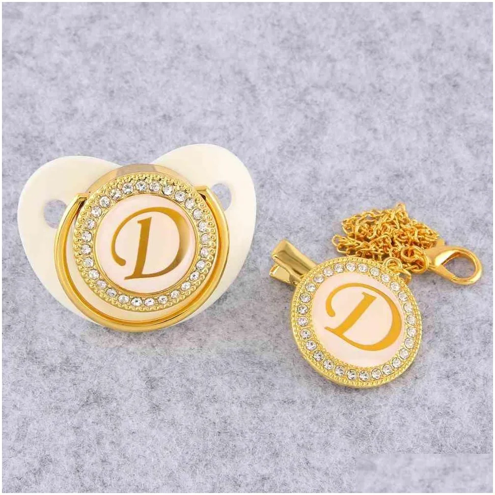 golden initial letter baby pacifier with chain clip luxury sucette bebe bpa white chupete for 018 months 210407