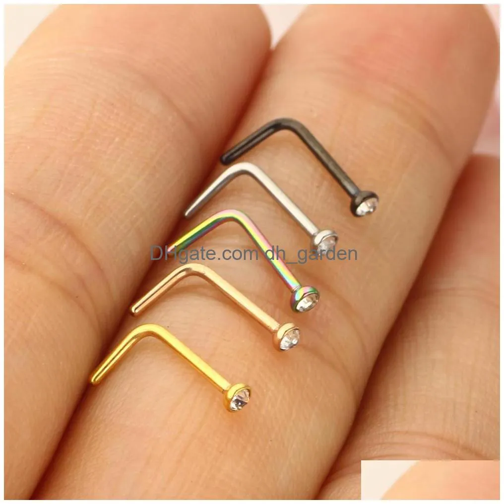 stainless steel stud ring cz l shape body piercing for womens mens straight crystal nose pin india wholesales