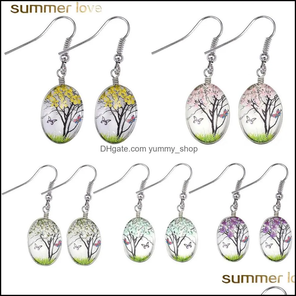 design creative dried flowers dangle earrings handmade romantic colorful glass oval tree of life drop earring for elegant women girls