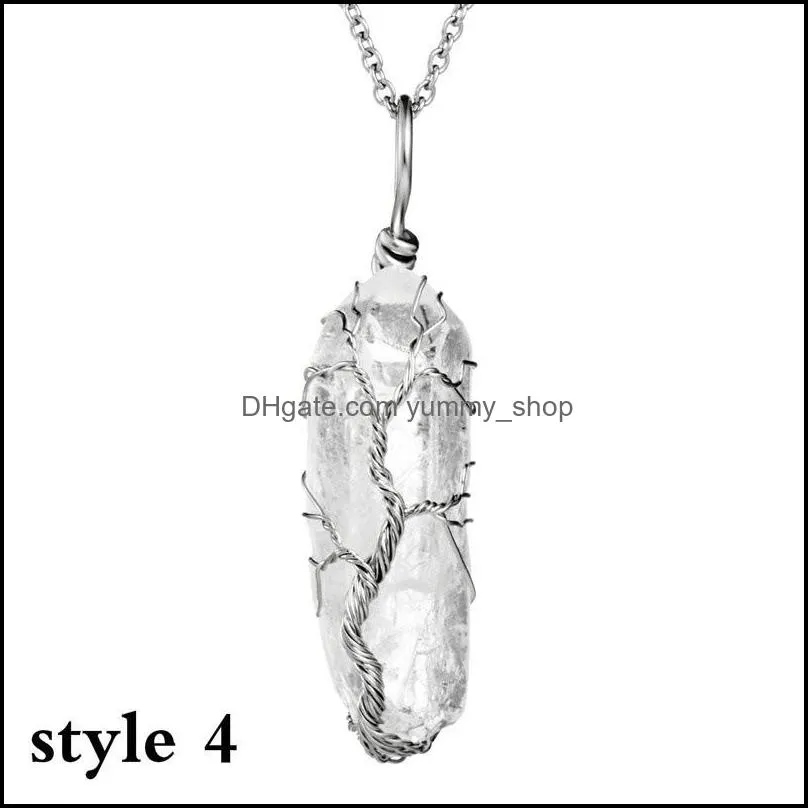 natural stone healing crystal necklace silver tree of life wire wrapped clear quartz point pendant for womens ladies 4 styles